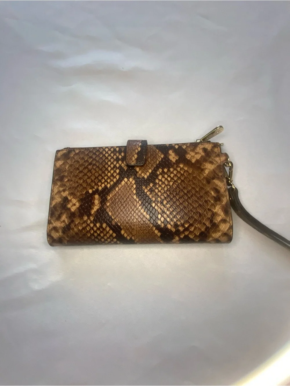 Michael Kors Brown Snake-Print Wristlet Clutch with Gold Logo